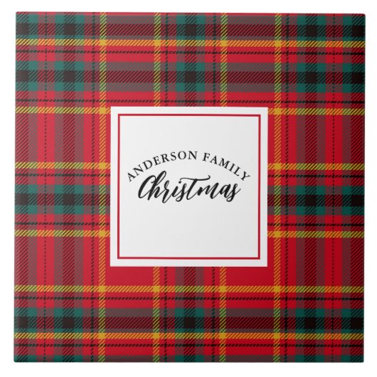 Kerst Tartan Plaid familienaam Tegeltje (Voorkant)