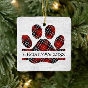 Kerst Tartan Plaid Paw Print Keramisch Ornament