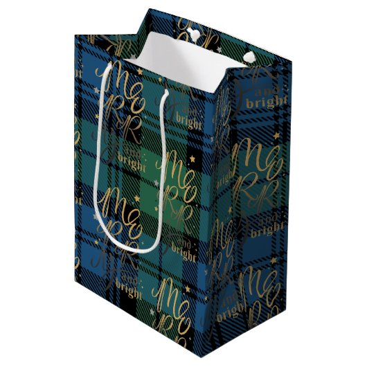 Kerst Tartan Script Groen Blauw Check Plaid Medium Cadeauzakje (Voorkant Gekanteld)
