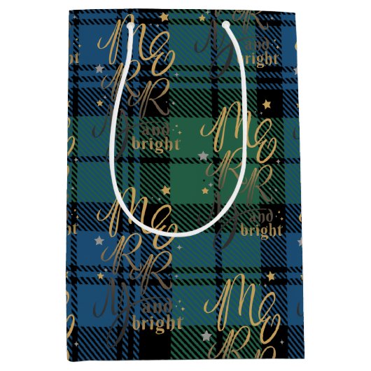 Kerst Tartan Script Groen Blauw Check Plaid Medium Cadeauzakje (Voorkant)