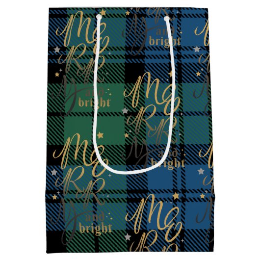 Kerst Tartan Script Groen Blauw Check Plaid Medium Cadeauzakje (Achterkant)