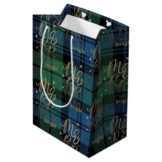 Kerst Tartan Script Groen Blauw Check Plaid Medium Cadeauzakje (Achterkant Gekanteld)