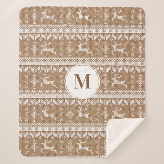 Kerst Taupe & Wit Noors Herten | Monogram Sherpa Deken (Voorkant)