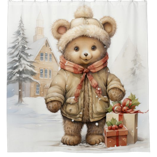 Kerst Teddy Bear Douche Gordijn (Voorkant)