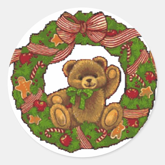 Kerst Teddy Bear krans Ronde Sticker (Voorkant)