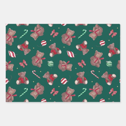 Kerst Teddy Bears Baubles Bows Inpakpapier Vel (Voorkant 3)