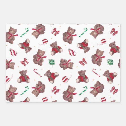 Kerst Teddy Bears Baubles Bows Inpakpapier Vel (Voorkant)