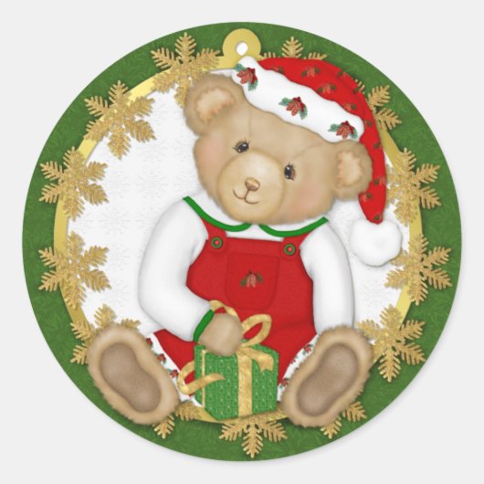Kerst Teddy Beer - Jongen Ronde Sticker (Voorkant)