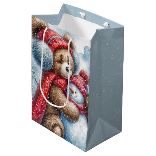 Kerst Teddybeer en Sneeuwman Medium Cadeauzakje (Voorkant Gekanteld)