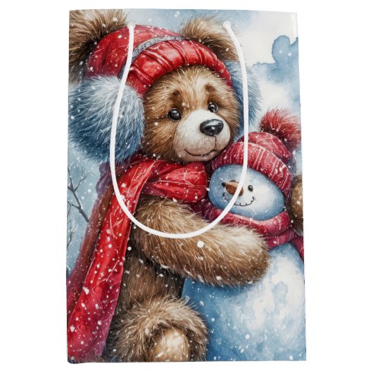 Kerst Teddybeer en Sneeuwman Medium Cadeauzakje (Voorkant)