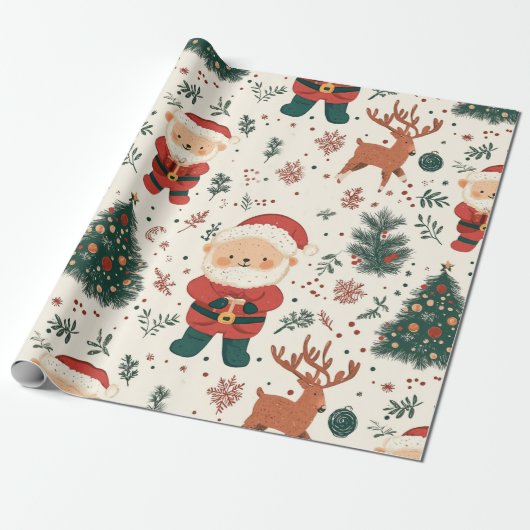 Kerst Teddybeer Santa Patroon (2) Cadeaupapier (Uitgerold)