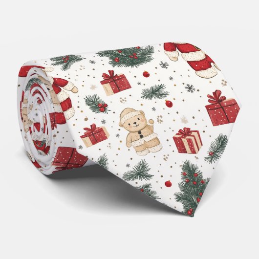 Kerst Teddybeer Sinterklaas Patroon (1) Stropdas (Opgerold)