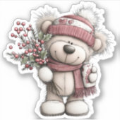 Kerst Teddybeer Sticker | Knus winters landschap (Voorkant)