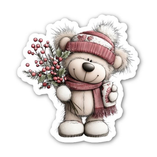 Kerst Teddybeer Sticker | Knus winters landschap