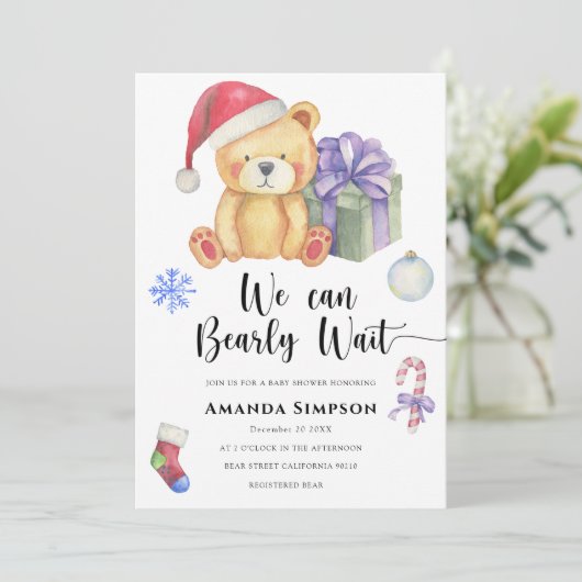 Kerst Teddybeer Winter Baby shower uitnodiging (Staand voorkant)