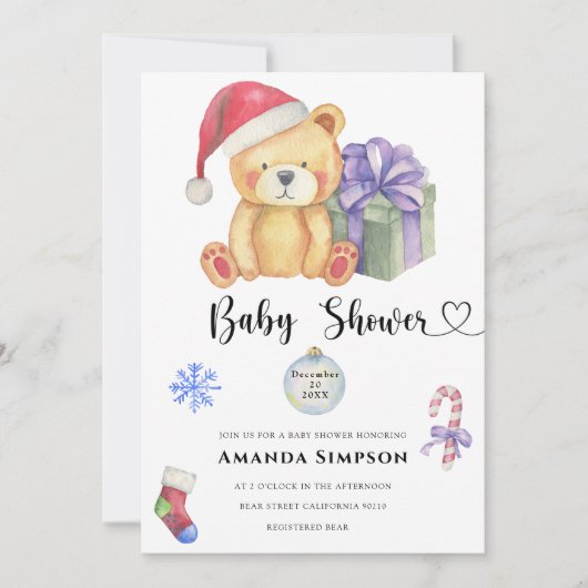 Kerst Teddybeer Winter Baby shower uitnodiging (Voorkant)