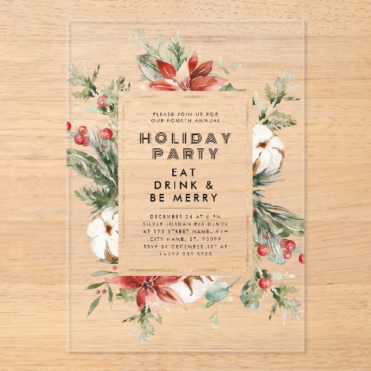 Kerst Thema Bloemen Lijst Vakantie Party Acryl Uitnodigingen (Voorkant)