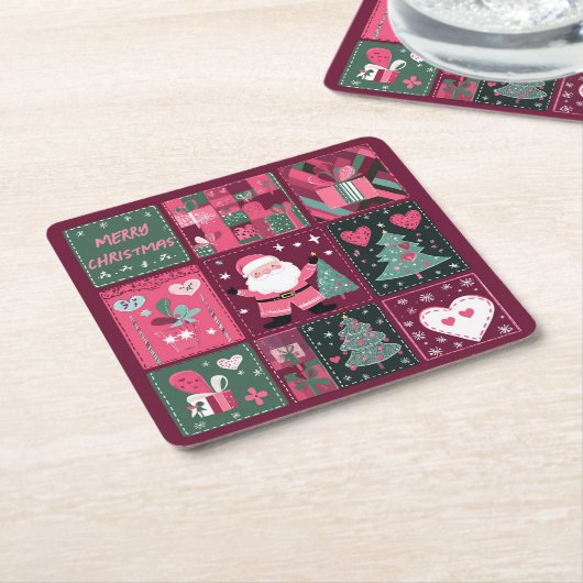 Kerst Thema Paarse en roze Vrolijk Kerstfeest Kartonnen Onderzetters (Schuin)