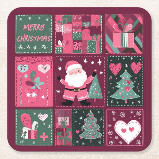 Kerst Thema Paarse en roze Vrolijk Kerstfeest Kartonnen Onderzetters (Voorkant)