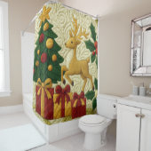 Kerst Theme Tree Rendier Gifts Quilted Look Douchegordijn (In situ)