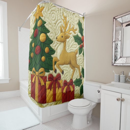 Kerst Theme Tree Rendier Gifts Quilted Look Douchegordijn (In situ)