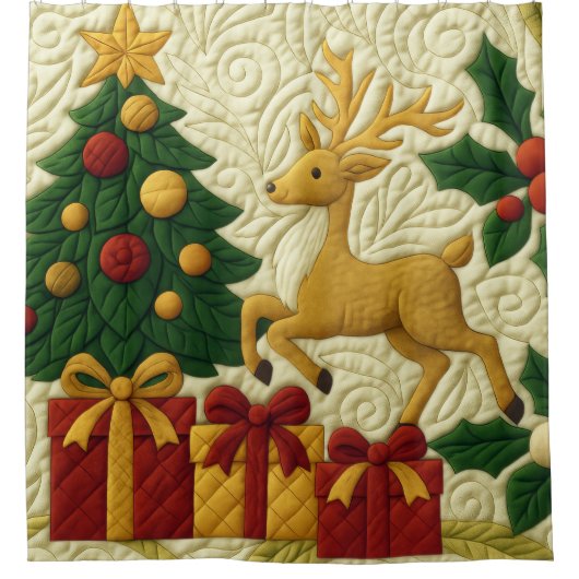 Kerst Theme Tree Rendier Gifts Quilted Look Douchegordijn (Voorkant)