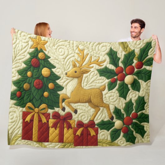 Kerst Theme Tree Rendier Gifts Quilted Look Fleece Deken (In situ)