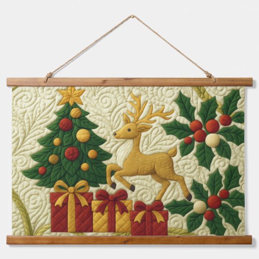 Kerst Theme Tree Rendier Gifts Quilted Look Hangend Wandkleed (Voorkant)