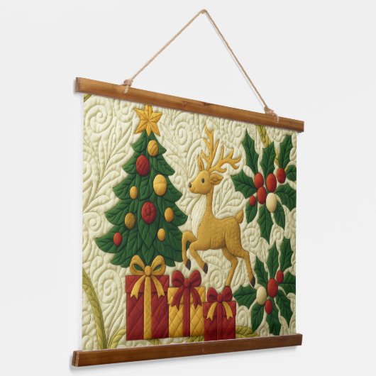 Kerst Theme Tree Rendier Gifts Quilted Look Hangend Wandkleed (Gebogen)