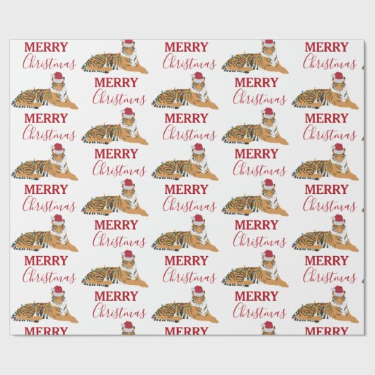 Kerst Tijger Grappig Dier met Santa Hat Cadeaupapier (Vlak)