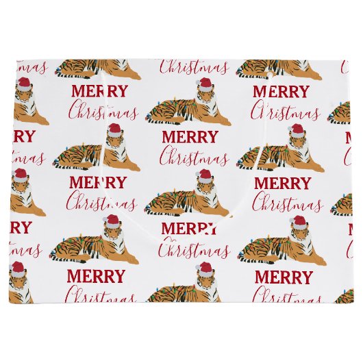 Kerst Tijger Grappig Dier met Santa Hat Groot Cadeauzakje (Voorkant)