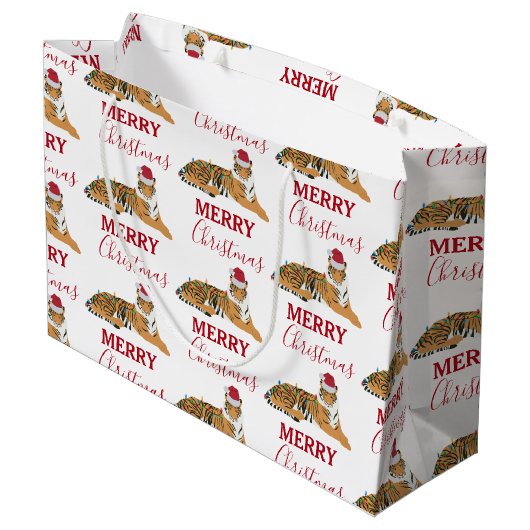 Kerst Tijger Grappig Dier met Santa Hat Groot Cadeauzakje (Achterkant Gekanteld)