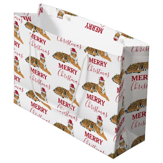 Kerst Tijger Grappig Dier met Santa Hat Groot Cadeauzakje (Voorkant Gekanteld)