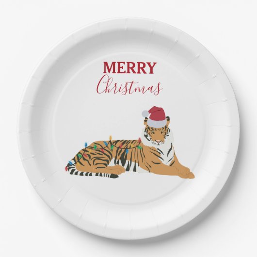 Kerst Tijger Grappig Dier met Santa Hat Papieren Bordje (Voorkant)