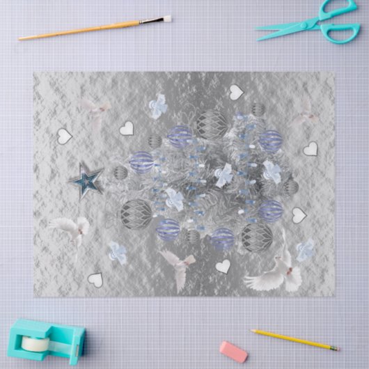 Kerst Tissue Papier Blauw Zilveren Boomduiven (Craft)