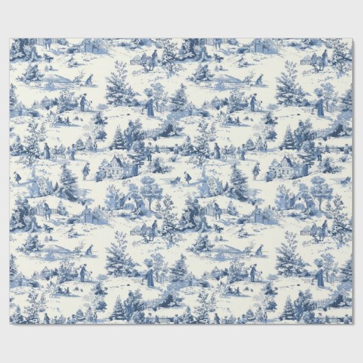 Kerst Toile Blauw  Victoriaans Vakantie Cadeaupapier (Vlak)