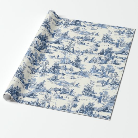 Kerst Toile Blauw  Victoriaans Vakantie Cadeaupapier (Uitgerold)