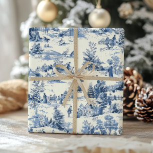 Kerst Toile Blauw  Victoriaans Vakantie Cadeaupapier