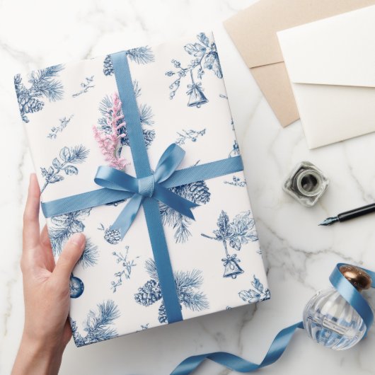 Kerst Toile de Jouy Dusty Blue Cadeaupapier (Geschenken)