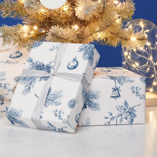 Kerst Toile de Jouy Dusty Blue Cadeaupapier (Feestdagen)