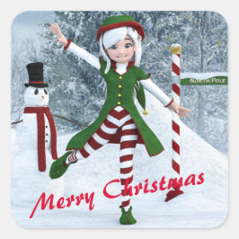 Kerst Toon Meisje in een Winterbos Vierkante Sticker