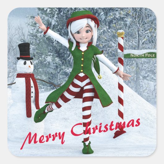 Kerst Toon Meisje in een Winterbos Vierkante Sticker (Voorkant)