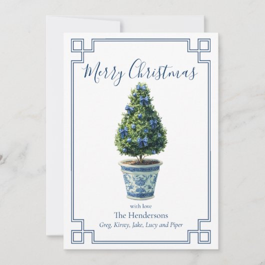 Kerst Topiary Tree Blauw en Wit Feestdagenkaart (Voorkant)