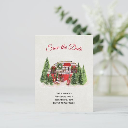 Kerst Trailer Camper Rustic Save the Date Uitnodiging Briefkaart (Staand voorkant)
