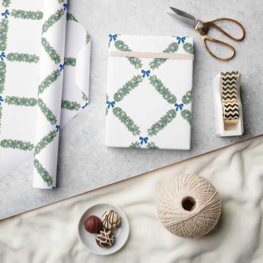Kerst Traliewerk Blauwe Strik Cadeaupapier (Crafts)