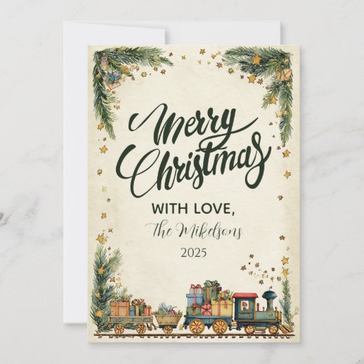 Kerst  trein en cadeaus feestdagenkaart (Voorkant)