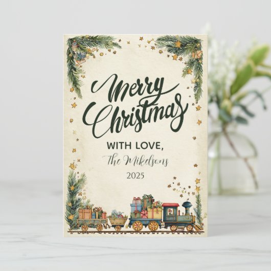 Kerst  trein en cadeaus feestdagenkaart (Staand voorkant)