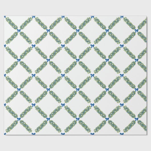 Kerst Trellis Blue Bow Cadeaupapier (Vlak)