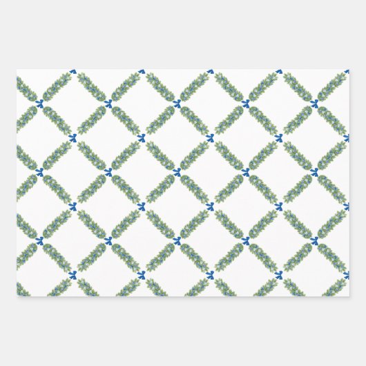 Kerst Trellis Blue Bow Inpakpapier Vel (Voorkant 2)