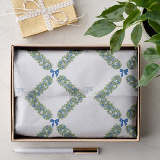 Kerst Trellis Blue Bow Tissuepapier (Geschenk)
